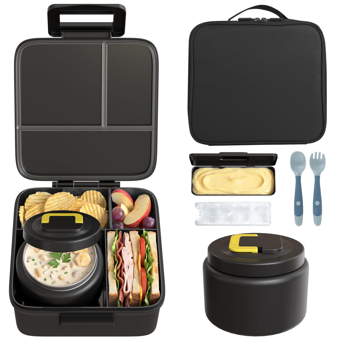 MAISON HUIS Bento Lunch Box with 8oz Soup Thermo and Insulated Lunch Bag, Kids Leakproof Lunch Food Containers with 5 Compartment, Boys Girls Thermo Hot Food Jar for Travel, School, BPA Free (Black)