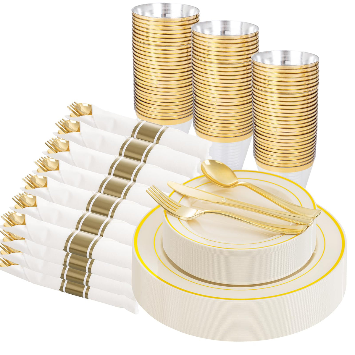 WELLIFE Disposable Plates & Gold Silverware Set, 350 Pieces for 50 Guests