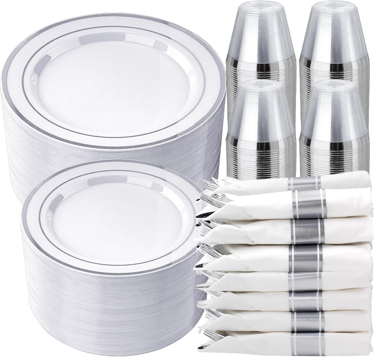 realluck 350 PCS White and Silver Plastic Dinnerware Set for 50 Guests, 100 Disposable Plates for Party, 50 Pre Rolled Napkins with Silver Silverware, 50 Cups