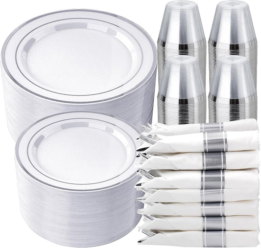 realluck 350 PCS White and Silver Plastic Dinnerware Set for 50 Guests, 100 Disposable Plates for Party, 50 Pre Rolled Napkins with Silver Silverware, 50 Cups