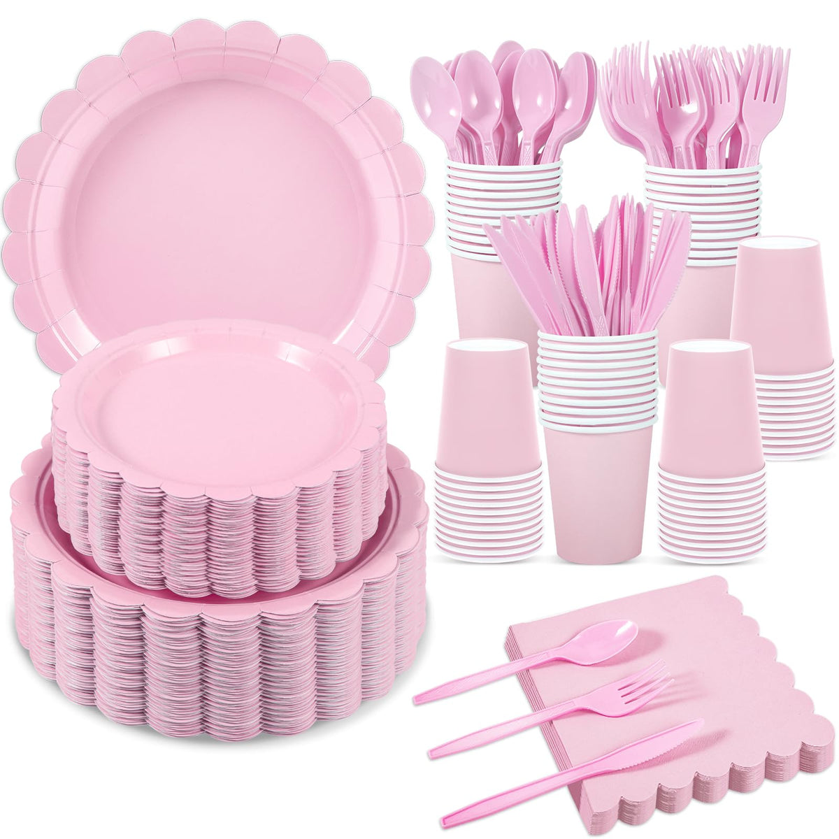 25 Set Party Plates and Cups and Napkins Ivory Scalloped Dinnerware