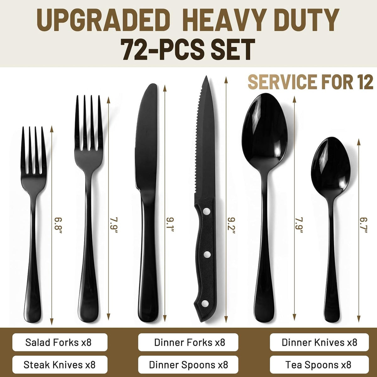 72 PCS NO-FADING Black Silverware Set with Steak Knives-Flatware for 12