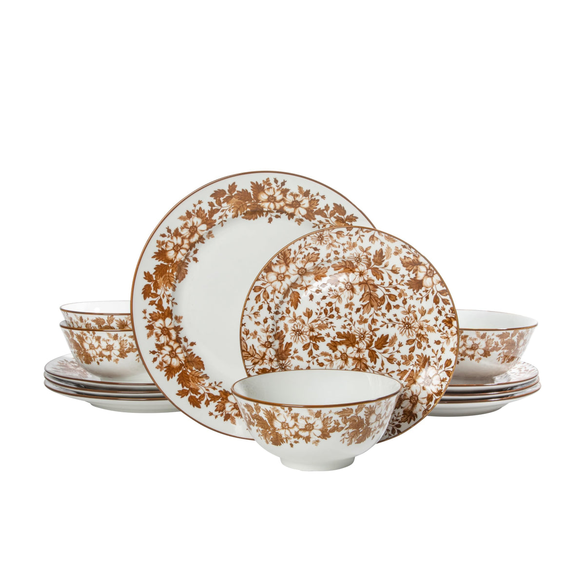 Martha Stewart Empress Bouquet 12-Piece Decorated Porcelain Chip and Scratch Resistant Dinnerware Plates and Bowls Set - Pink Floral