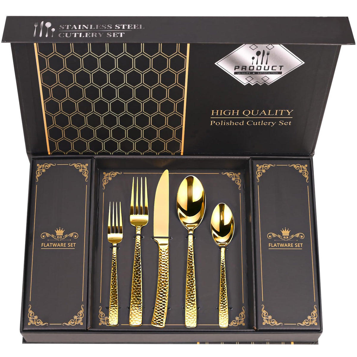 Retro Royal Gold Silverware Set With Gift Box For 8 Cutlery Set Utensils Stainless Steel Flatware 40 Pieces MIKIWAY Kitchen Tableware Set For Gifts Festive, Dishwasher Safe, Mirror Polishing