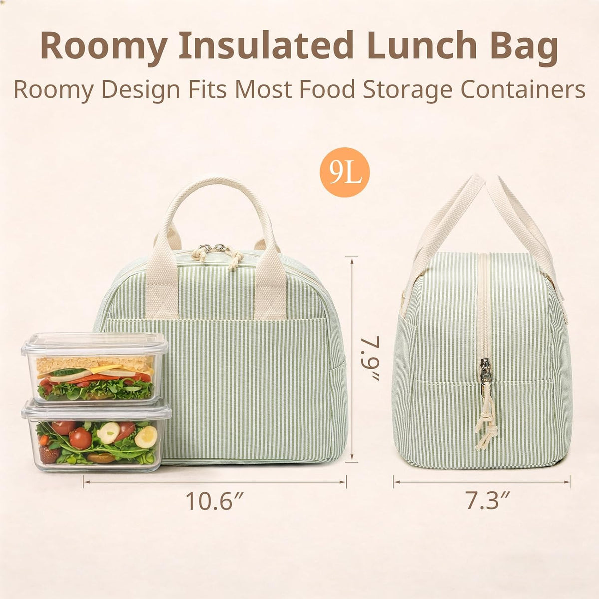 LOVELYWIND Lunch Box for Women,Insulated Lunch Bag,Green Stripe14-Can(9L)