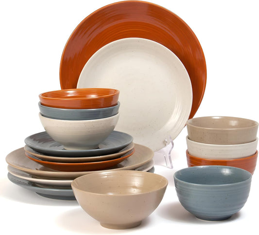 Sango Siterra Painter's Palette 16-Piece Stoneware Dinnerware Set - Service for 4, Ceramic Plates and Bowls Sets, Chip Resistant, Rustic Dishware, Microwave & Dishwasher Safe Kitchen Dishes