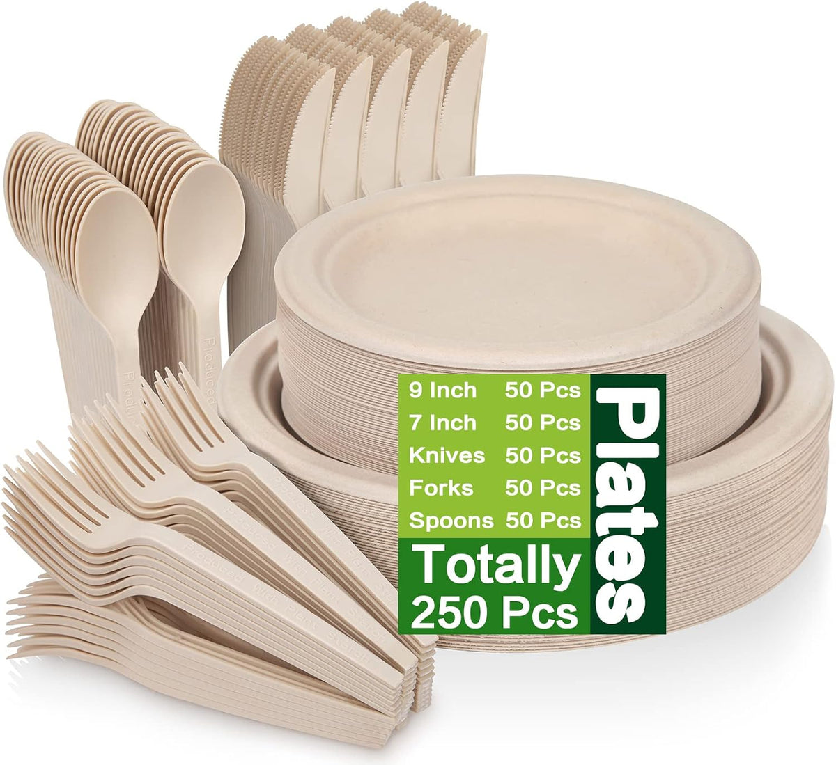Unves 250 Pcs Compostable Paper Plates Set with Extra Long Utensils, Brown