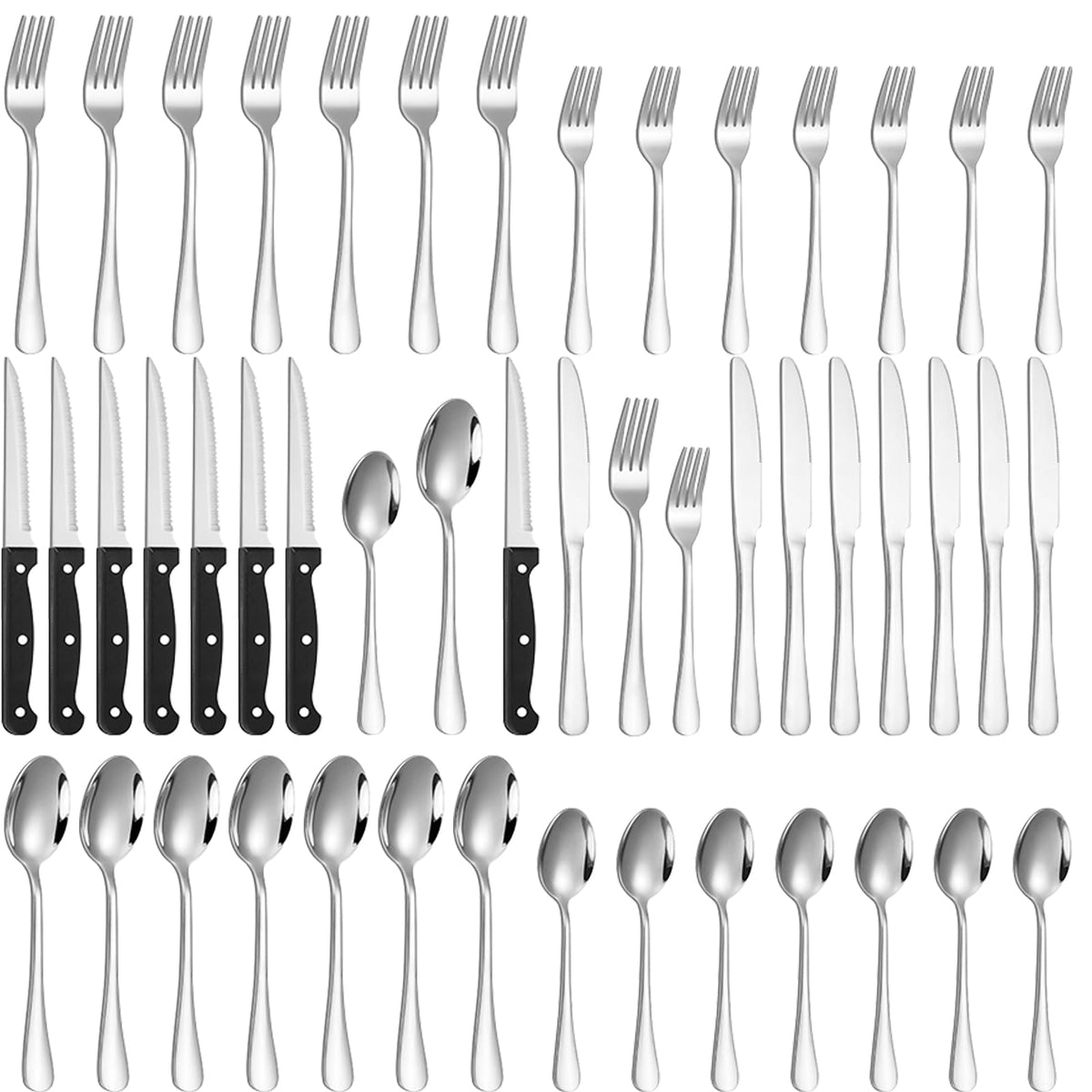 Lazycorner 60-Piece Black Silverware Set with Steak Knives Black Stainless Steel Flatware Set for 10 Food Grade Tableware Cutlery Set Rust-proof, Mirror Polished, Dishwasher Safe