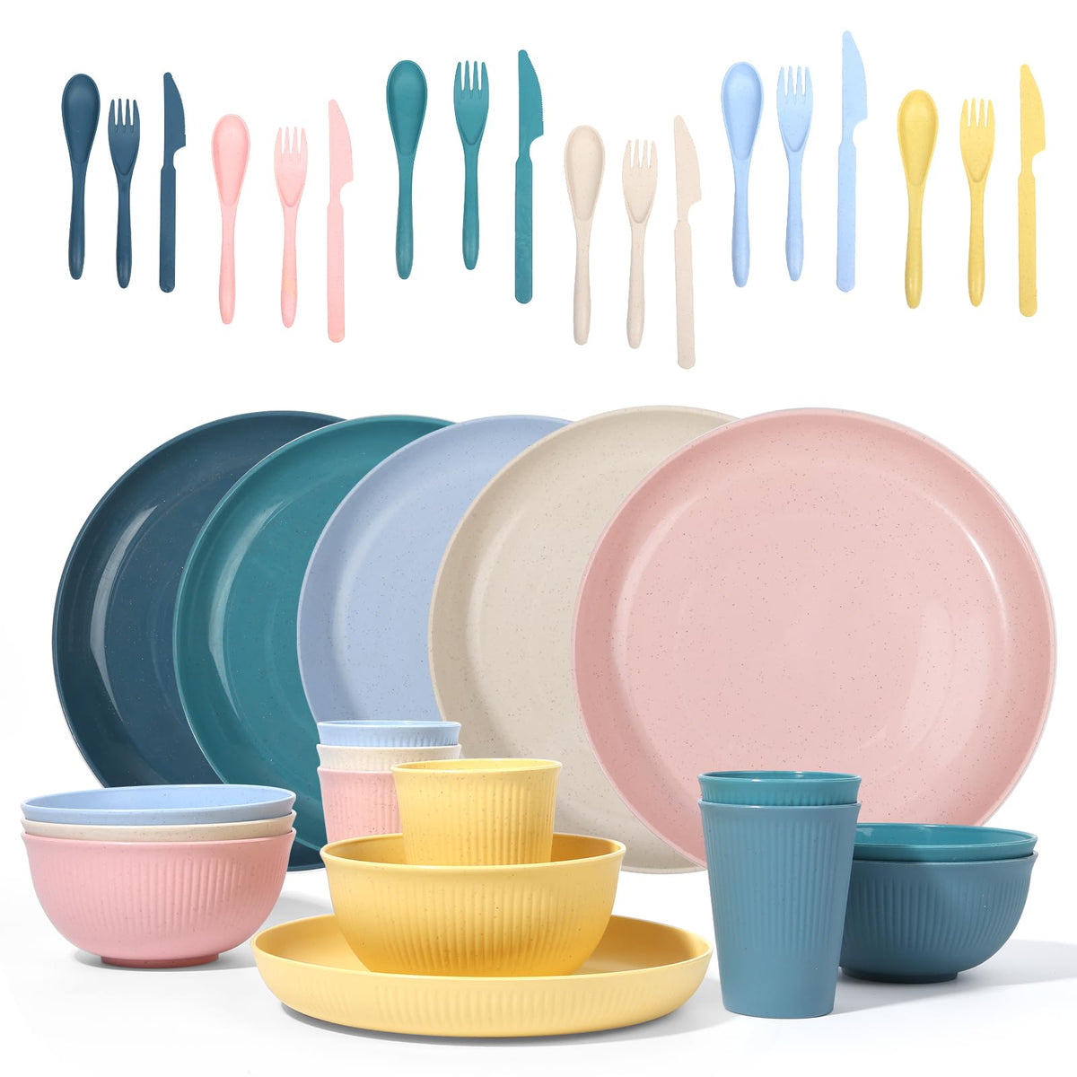 Wheat Straw Dinnerware Sets -DAPIPIK 42 Piece Unbreakable Dinnerware Sets for 6, Kitchen Plates and Bowls Set, Lightweight Camping Plates Cups and Bowls Set.Dishwasher Microwave Safe Dinnerware