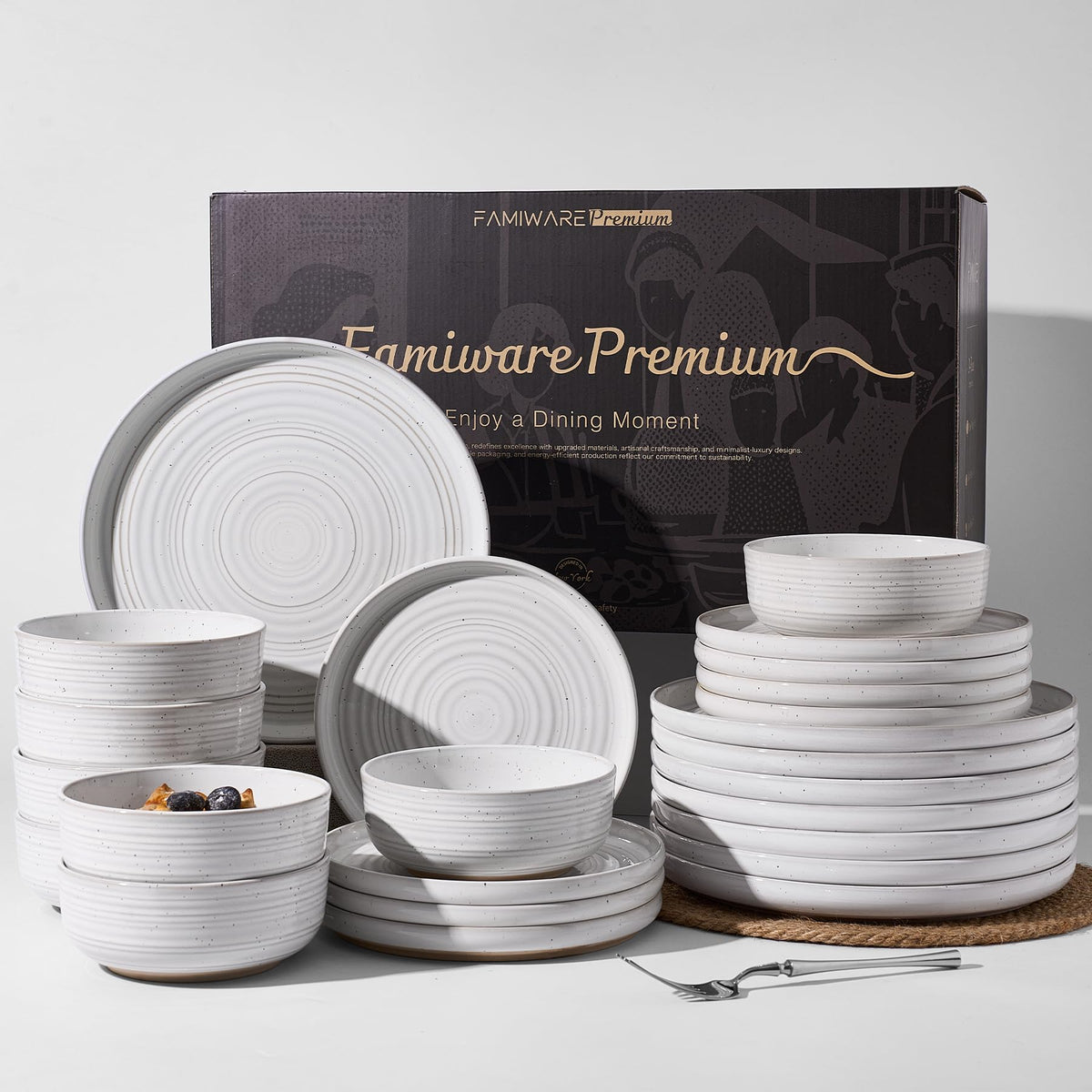 Stoneware Dinnerware Sets for 4, Reactive Glaze Plates & Bowls, Shell Beige