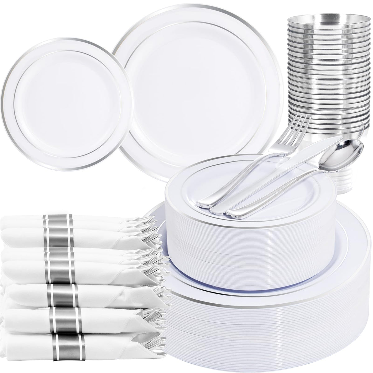 WELLIFE Disposable Plates & Gold Silverware Set, 350 Pieces for 50 Guests