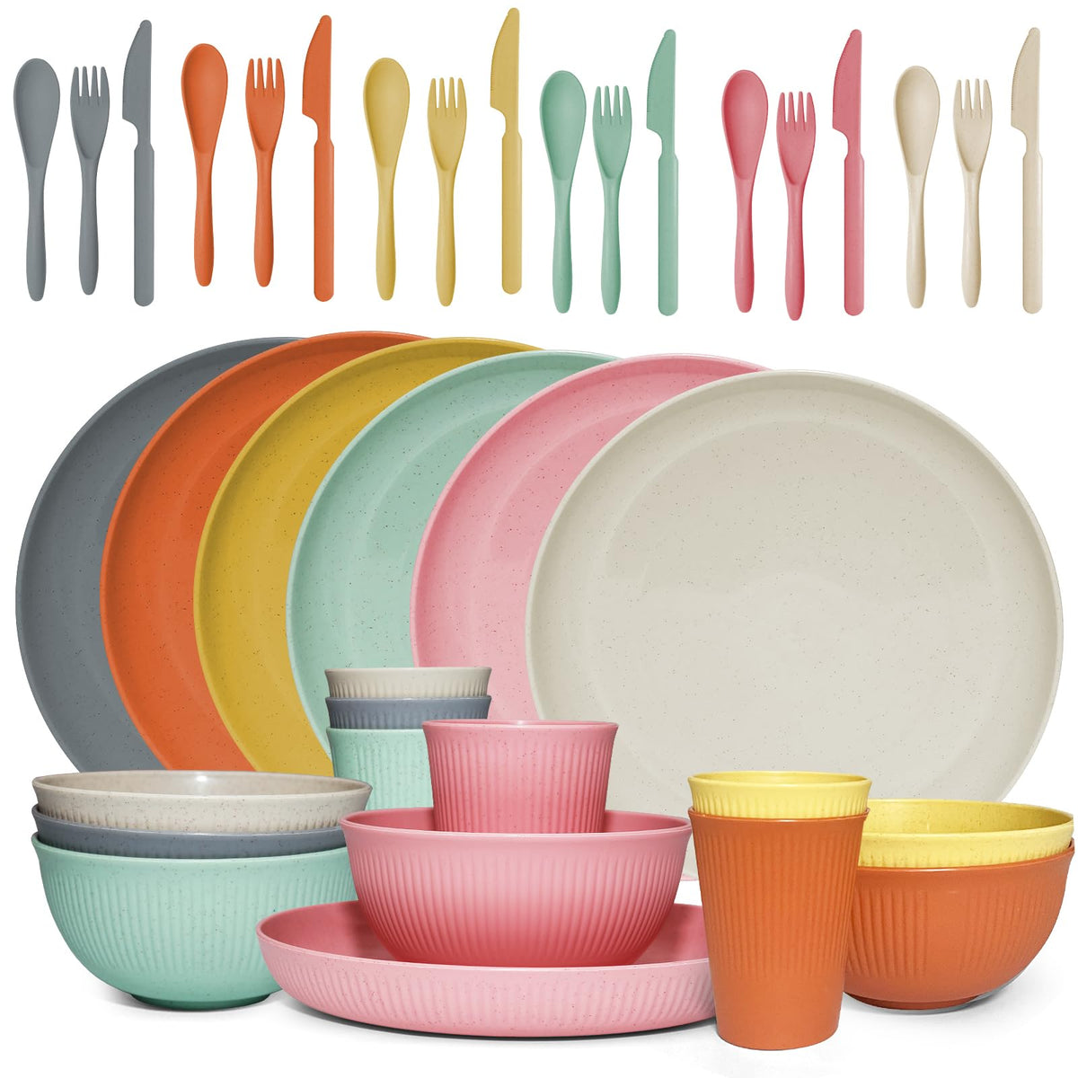 Wheat Straw Dinnerware Sets -DAPIPIK 42 Piece Unbreakable Dinnerware Sets for 6, Kitchen Plates and Bowls Set, Lightweight Camping Plates Cups and Bowls Set.Dishwasher Microwave Safe Dinnerware