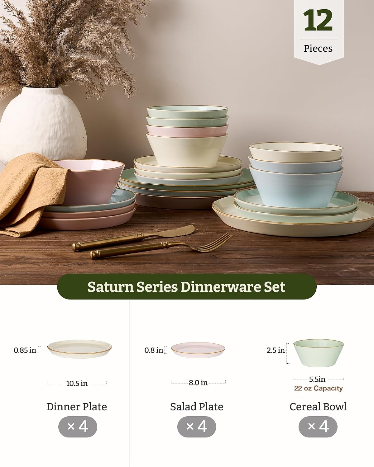 Famiware Saturn Dinnerware Sets, Ceramic Dishes for 4, Rimmed Plates, Bowls