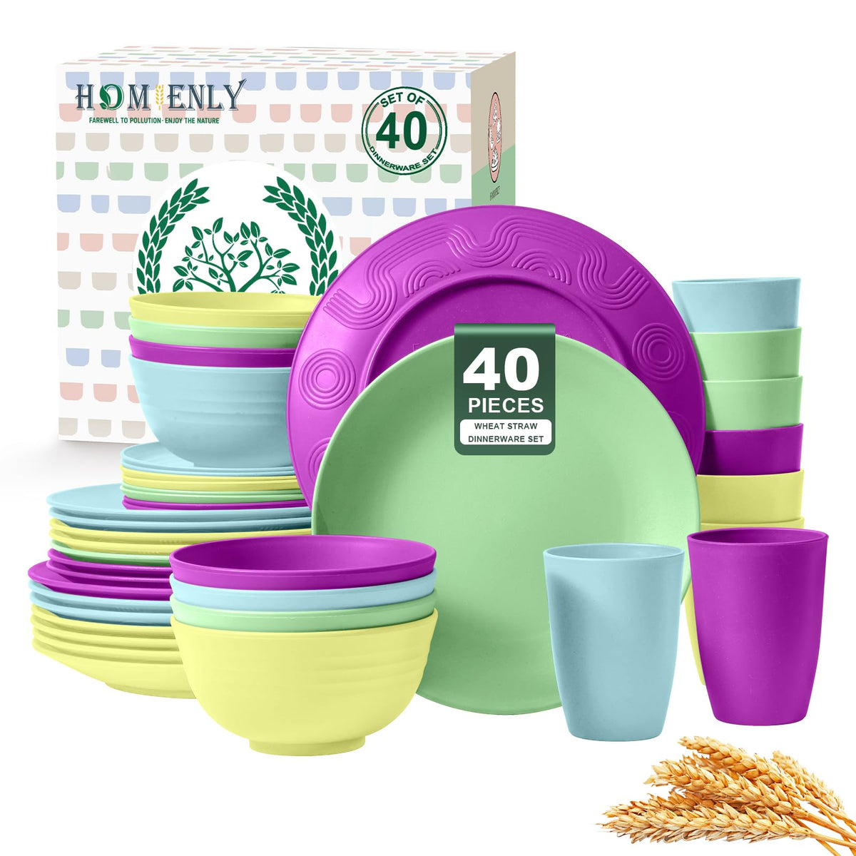 Homienly Kitchen Wheat Straw Dinnerware Set 40 PCS - Dinner Plates, Cereal Bowls, Wheat Straw Cups Set, Microwave and Dishwasher Safe Dishes Set, Unbreakable Dish Set for Party, Outdoor(Grey Stone)