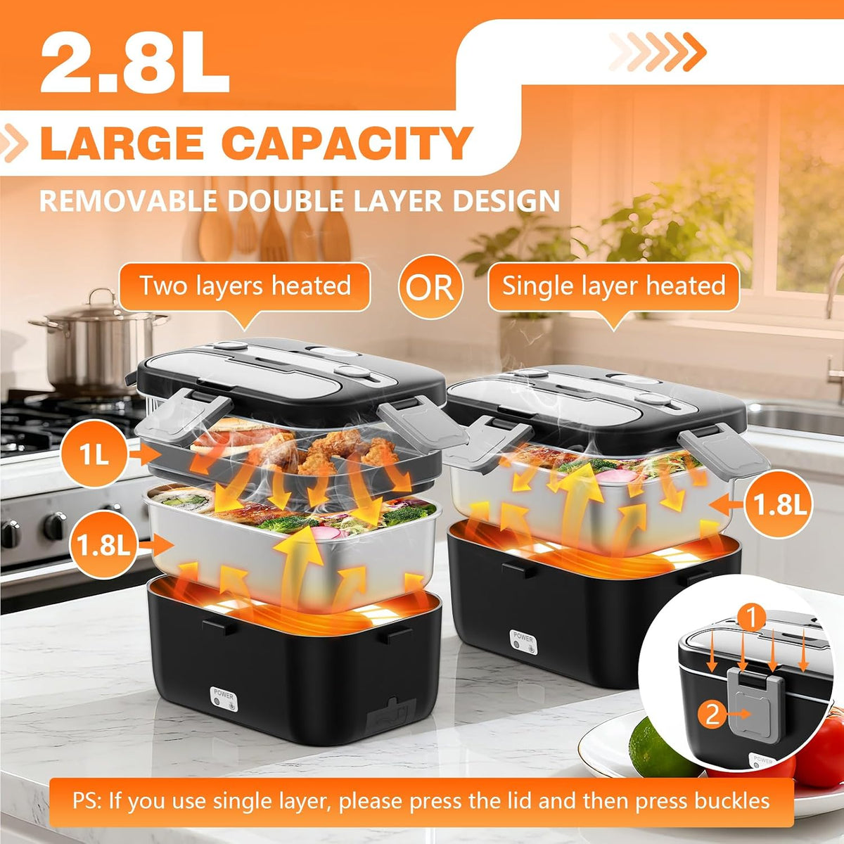 Electric Lunch Box for Adults, 2.8L Double Layer Heated LunchBox