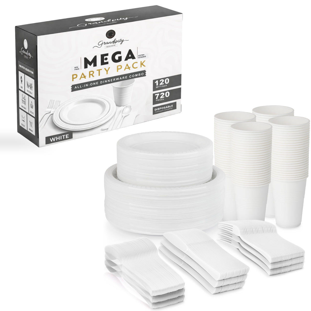 Grandipity Disposable Plastic Dinnerware Sets for Parties (720 pcs)