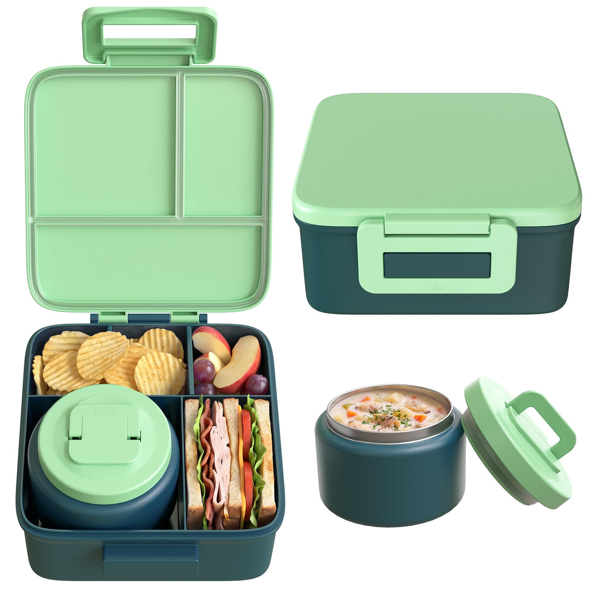 MAISON HUIS Bento Lunch Box with 8oz Soup Thermo and Insulated Lunch Bag, Kids Leakproof Lunch Food Containers with 5 Compartment, Boys Girls Thermo Hot Food Jar for Travel, School, BPA Free (Black)