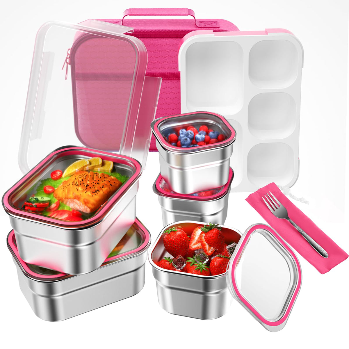 Lunch Box Stainless Steel Bento for Kids Adults Leakproof BPA-Free with Lunch Bag Metal Lunch Containers Tray 5-Compartment with Fork for Boy Food Snack Containers for School Outdoors Navy-Blue