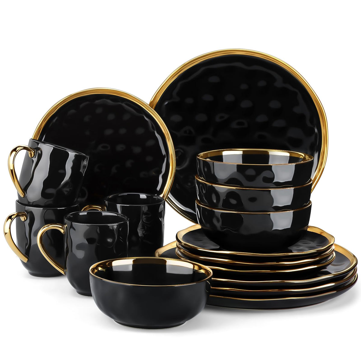 LOVECASA 12 Pieces Plates and Bowls Sets, Porcelain White and Gold Dinnerware Sets, Round Dinner Plates Dishes Set Service for 4, Dishwasher Safe and Scratch Resistant, White
