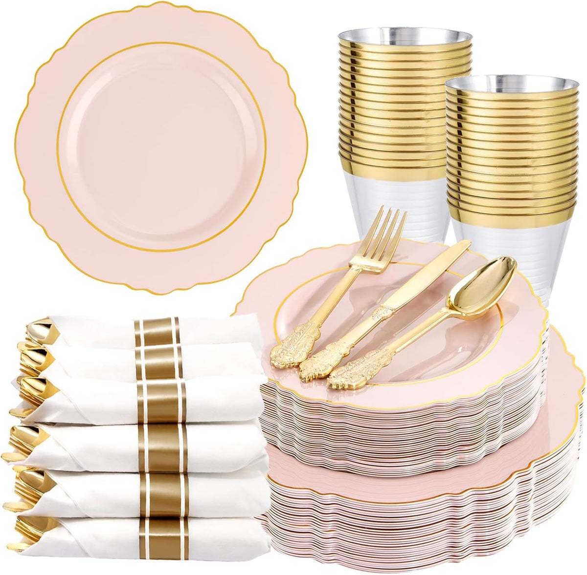 Liacere 350PCS Gold Plastic Plates-Disposable White and Gold Plates Baroque Plastic Dinnerware include 100Plates, 50Pack Pre Rolled Napkins with Silverware 50Cups for Wedding&Thanksgiving&Fall Party