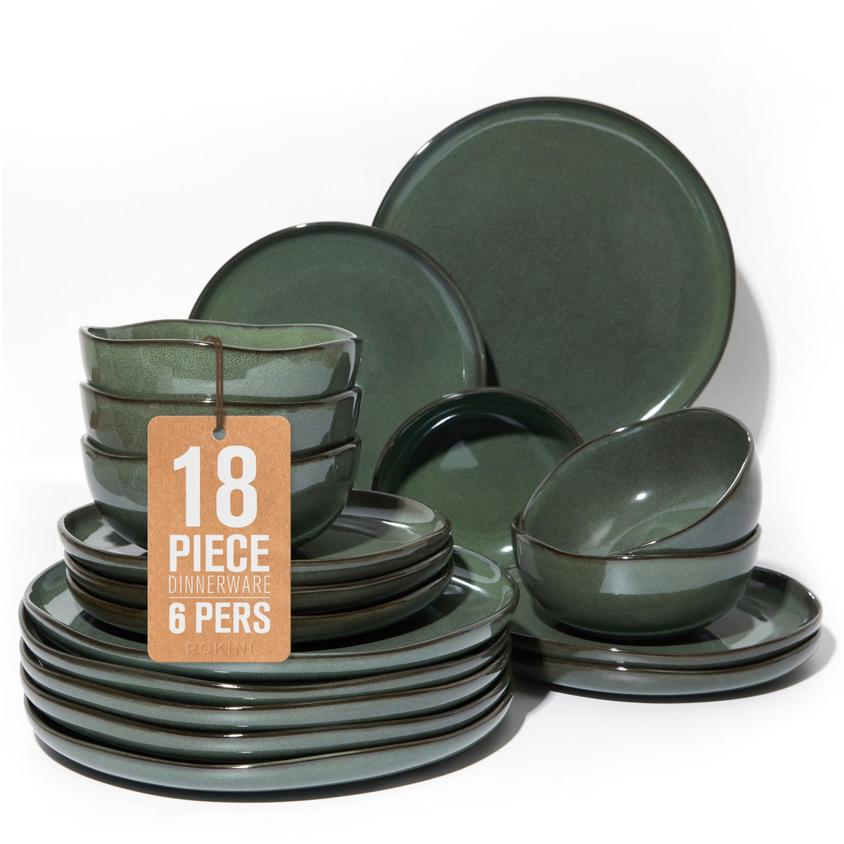 Pokini Stoneware Dinnerware Sets for 4, 12Pcs Ceramic Plates and Bowls Sets