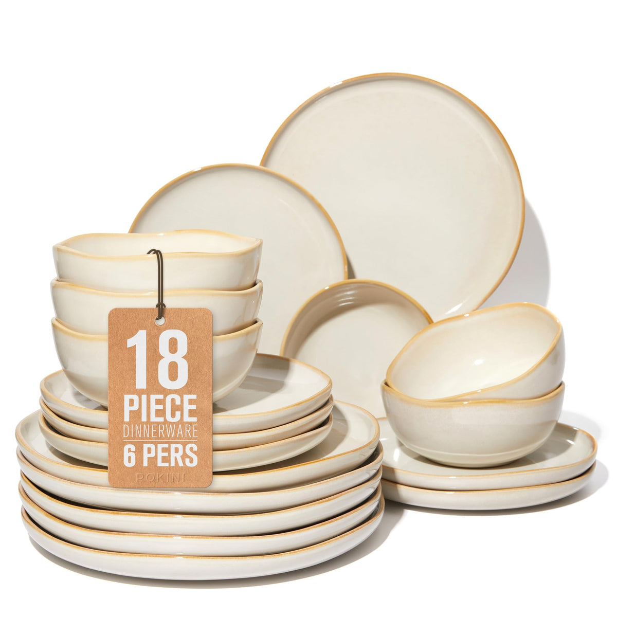 Pokini Stoneware Dinnerware Sets for 4, 12Pcs Ceramic Plates and Bowls Sets