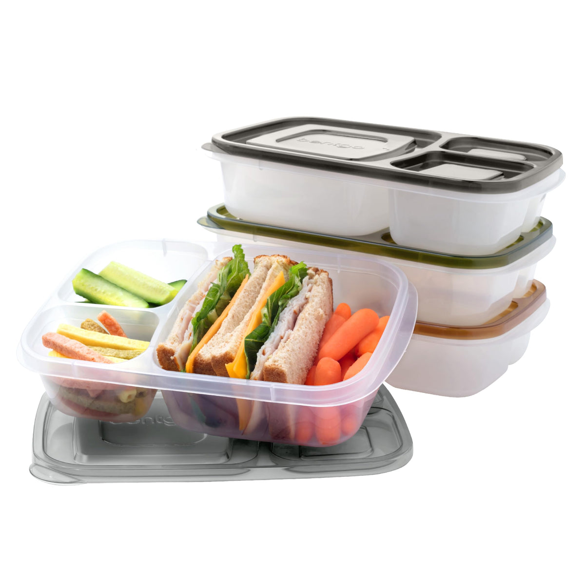 Bentgo Easyboxes - Original Stackable Lunch Boxes - Reusable 3-Compartment Food Containers for Kids and Adults - Bento Lunch Box for Meal Prep, School, & Work - BPA Free, Set of 4 (Brights)