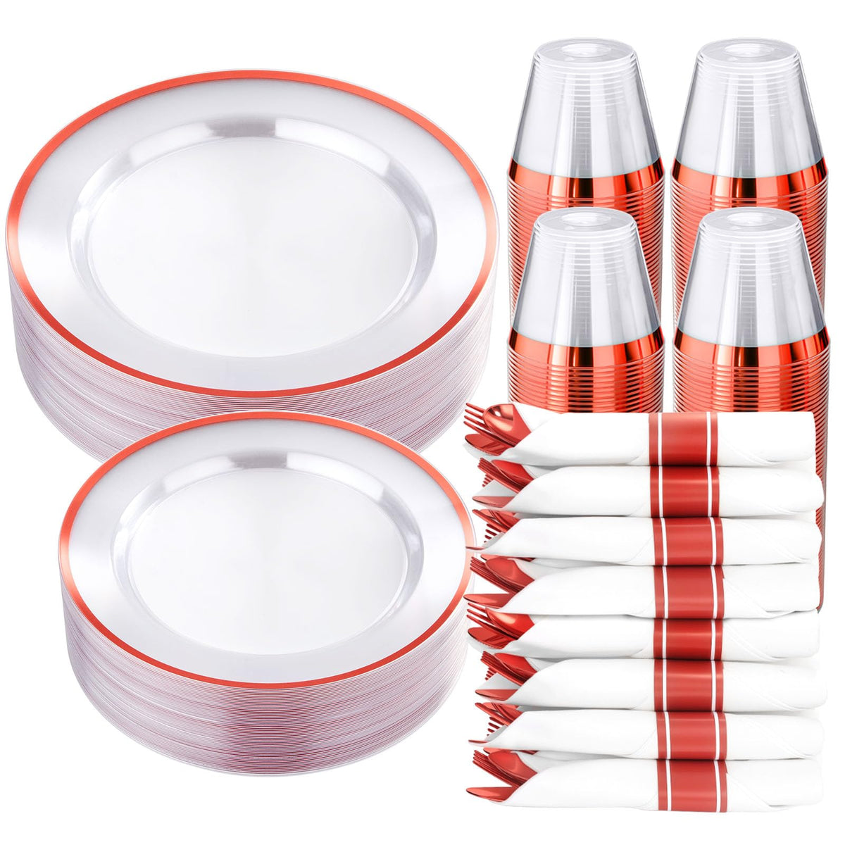 realluck 350 PCS White and Silver Plastic Dinnerware Set for 50 Guests, 100 Disposable Plates for Party, 50 Pre Rolled Napkins with Silver Silverware, 50 Cups