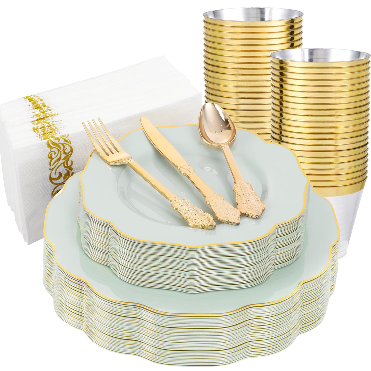 NOCCUR 175PCS Pink Plates with Gold Disposable Silverware - Include 50 Pink Plastic Plates,25 Knives,25 Forks,25 Spoons,25 Cups and 25 Napkins - Ideal for Party/Wedding/Banquet/Baby Shower