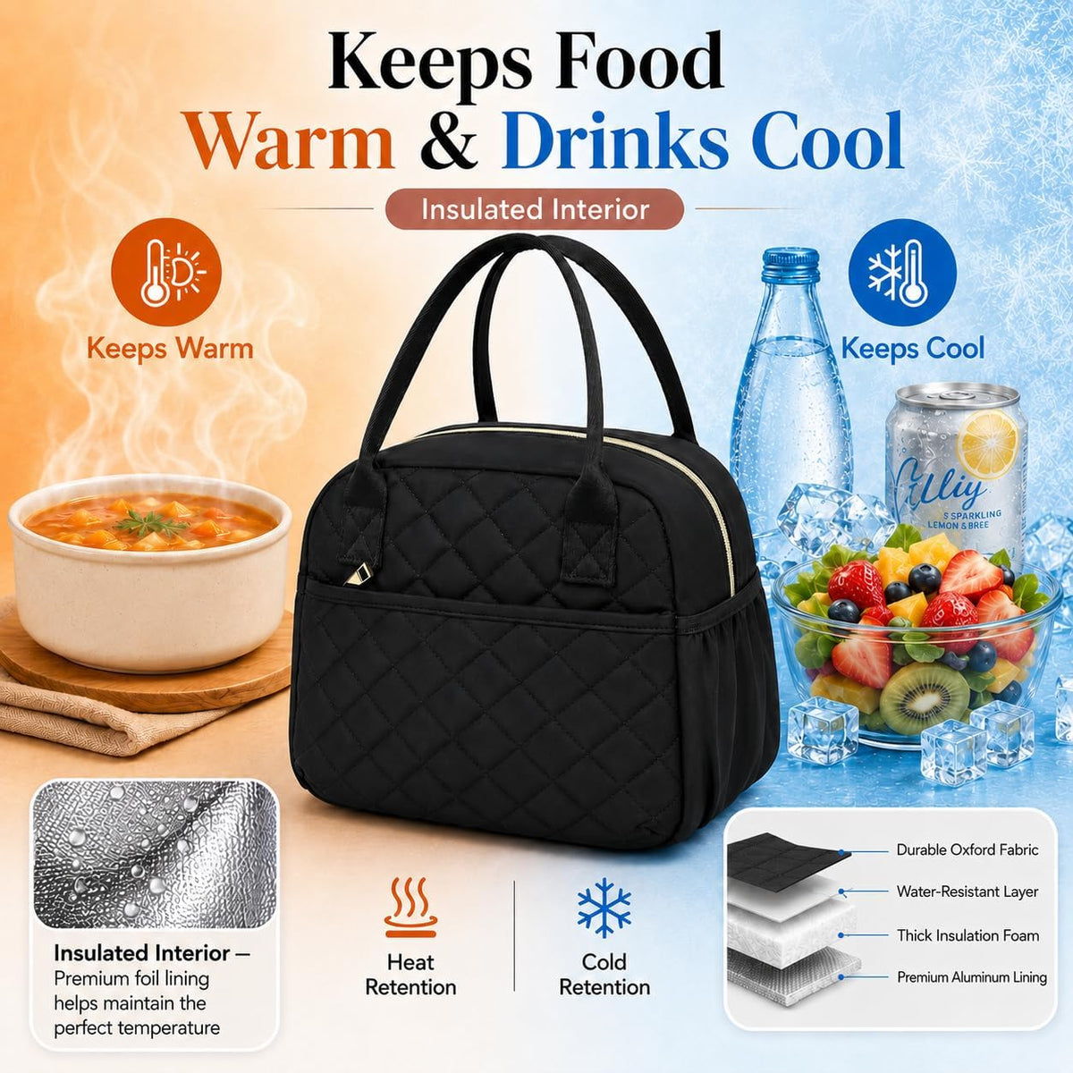 CAMTOP Lunch Box for Women Insulated Lunch Bag Lunchbox Cooler Thermal Leakproof Quilted Reusable Lunch Tote Bag for Work School Travel Picnic (Black)
