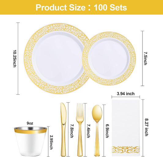 Bestluck 700 Pcs Gold Plastic Dinnerware Set for 100 Guests