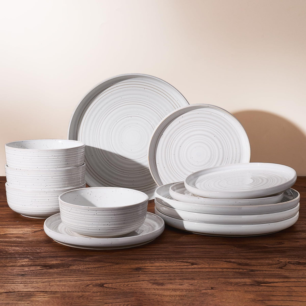 Stoneware Dinnerware Sets for 4, Reactive Glaze Plates & Bowls, Shell Beige