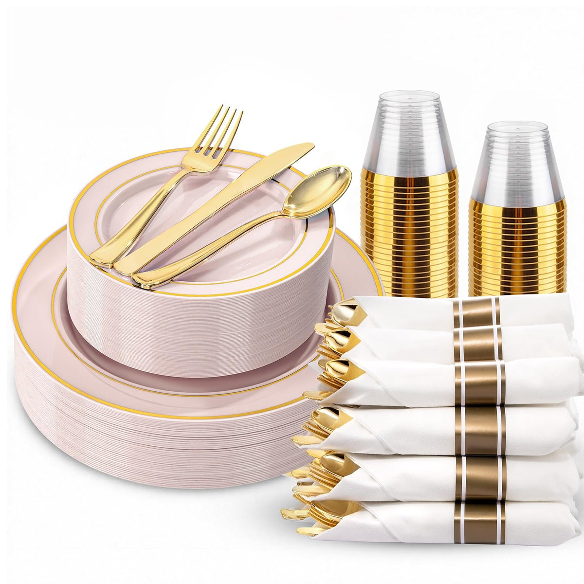 WDF Partyware 350Piece Gold Dinnerware Set for 50 Guests - Gold Plastic Plates with Disposable Cutlery - 50Dinner Plates-50Dessert Plates-50Pre Rolled Napkins with Silverware for Wedding/Thanksgiving