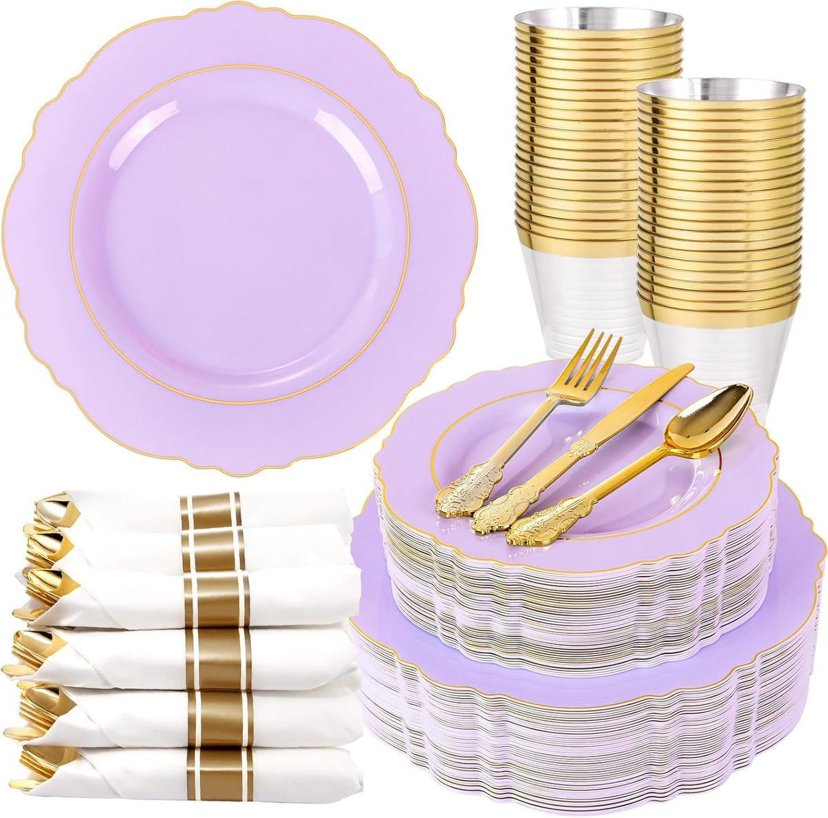 Liacere 350PCS Gold Plastic Plates-Disposable White and Gold Plates Baroque Plastic Dinnerware include 100Plates, 50Pack Pre Rolled Napkins with Silverware 50Cups for Wedding&Thanksgiving&Fall Party