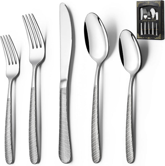 40-Piece Hammered Silverware Set, Deedro Stainless Steel Flatware Set for 8