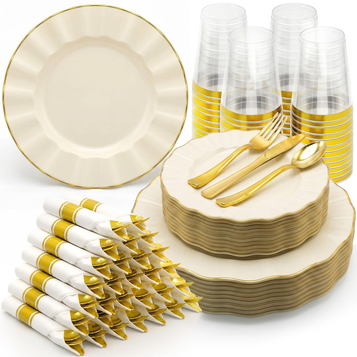 Glowserve Scalloped Plastic Plates Dinnerware Set 175 PCS for 25 Guests