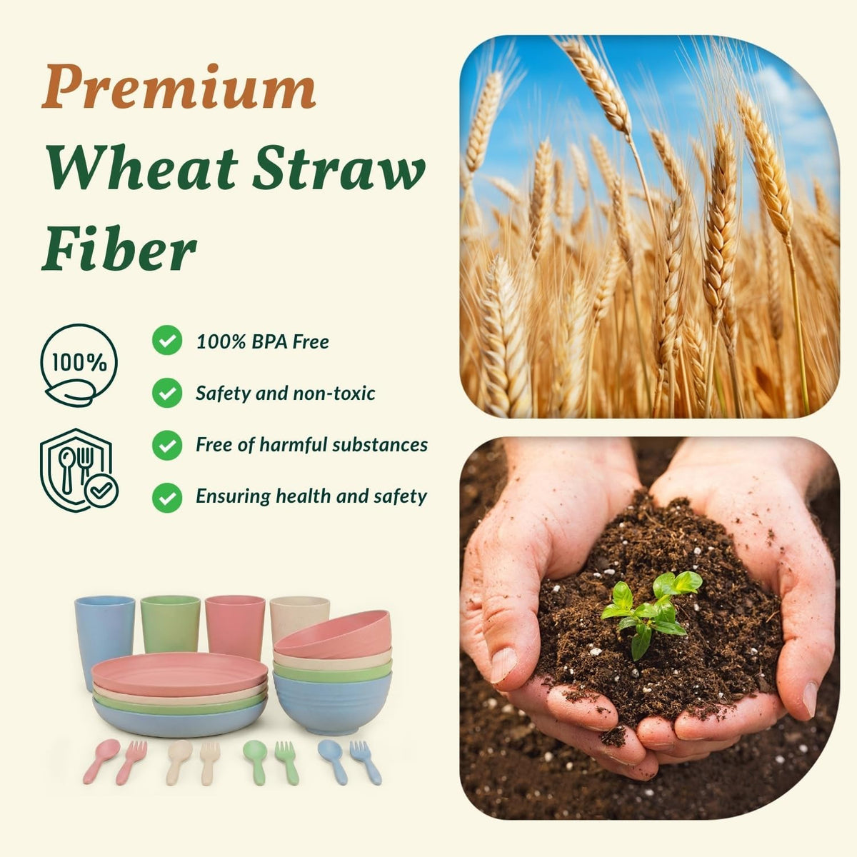 Homienly Wheat Straw Dinnerware Sets 20 PCS Plates and Bowls Sets Microwave and Dishwasher Safe Dish Set Unbreakable Camping Dish Set Cups and Plates Sets for Kitchen, Picnic, RV (Multilight)