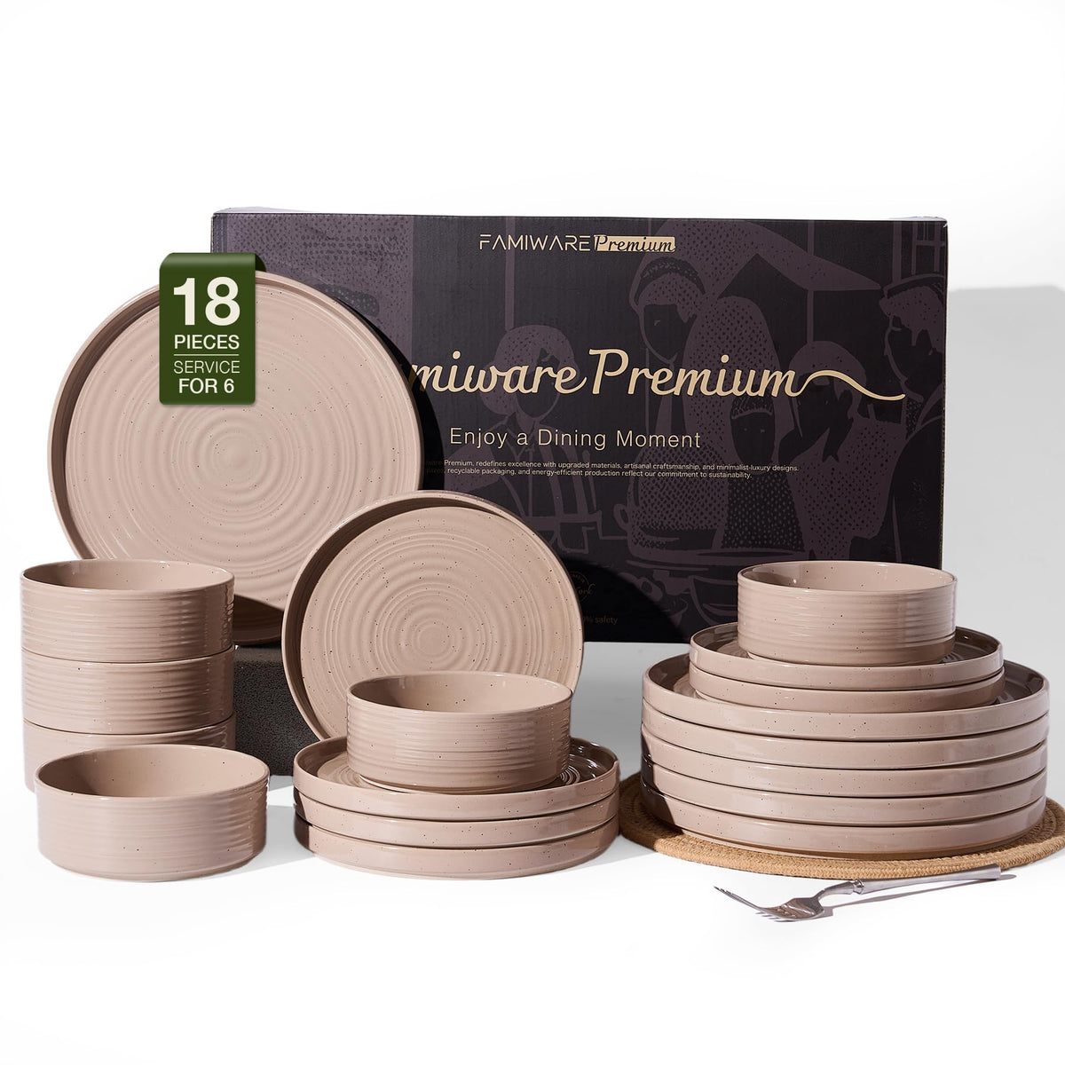 Stoneware Dinnerware Sets for 4, Reactive Glaze Plates & Bowls, Shell Beige