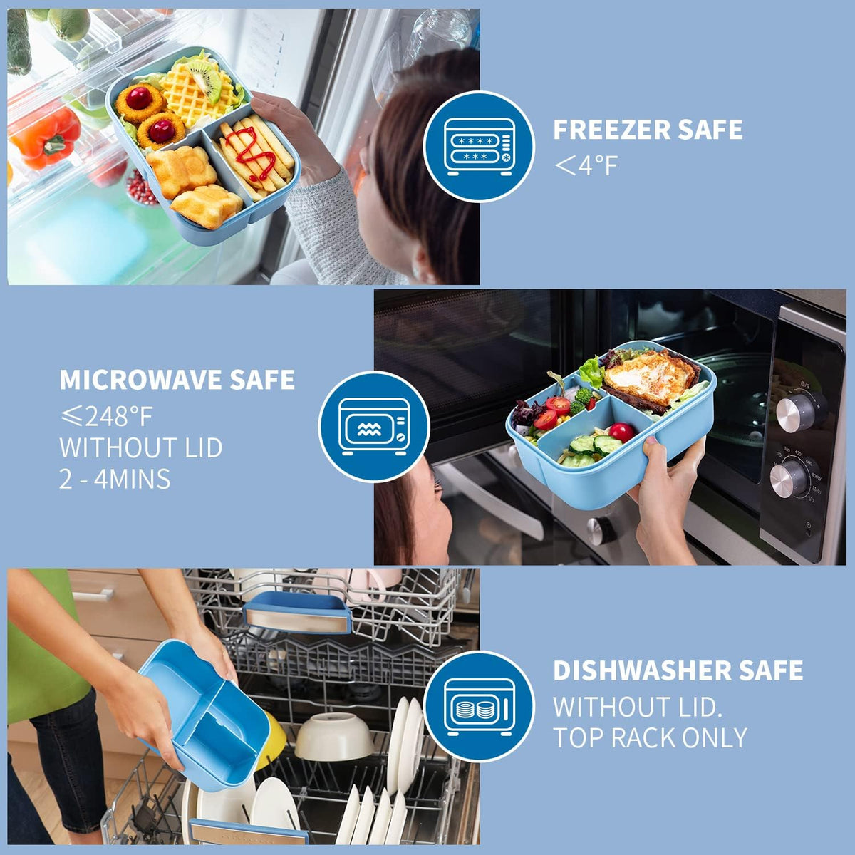MISS BIG® Large Bento Lunch Box for Adults, 1900ml, 3 Compartments, Blue