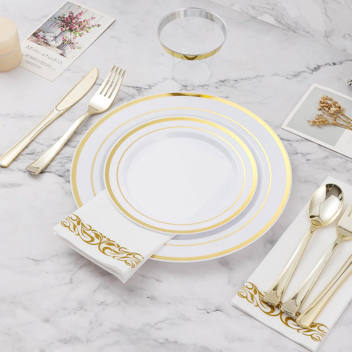 BESTVIP 700 PCS Disposable White and Gold Plastic Plates for 100 Guests