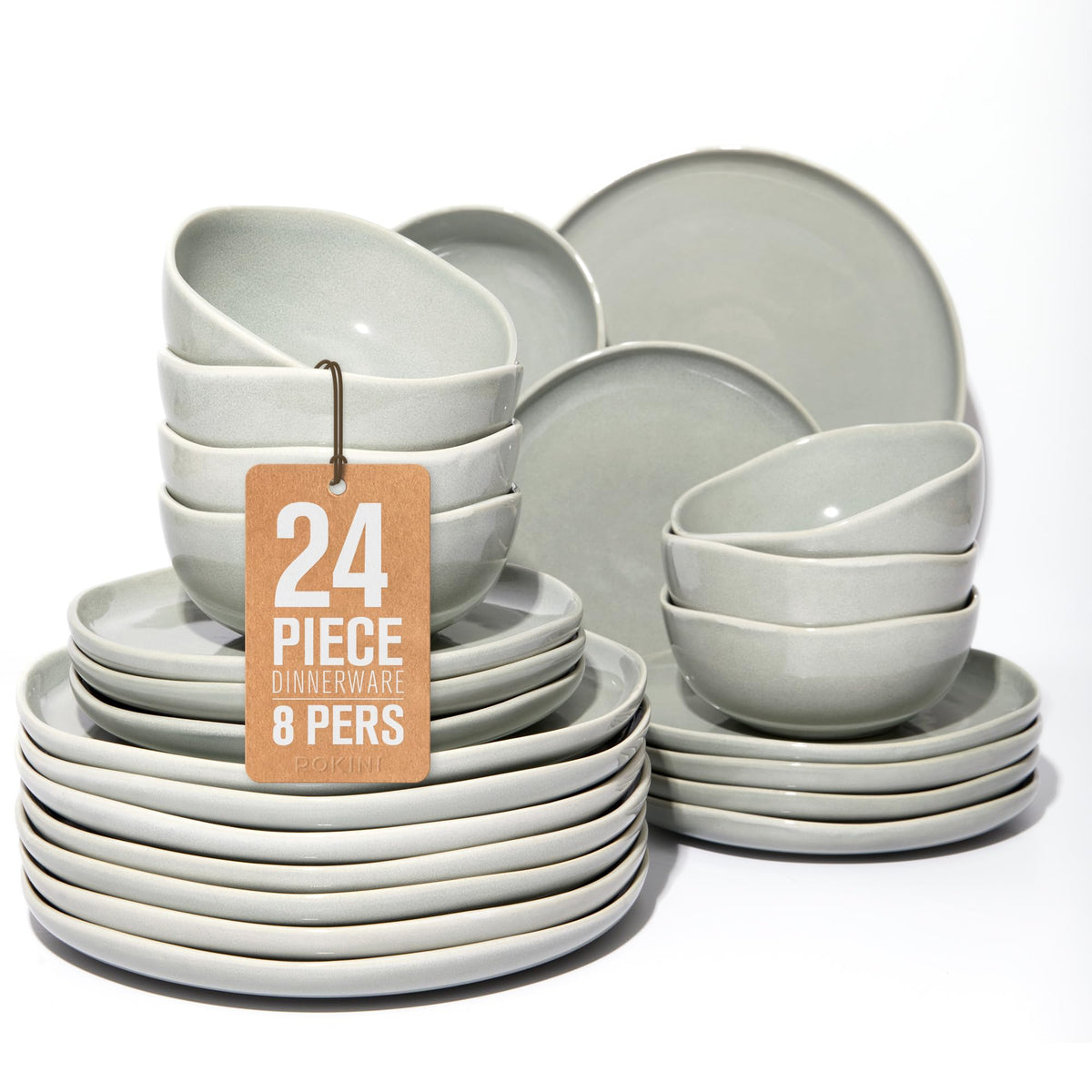 Pokini Stoneware Dinnerware Sets for 4, 12Pcs Ceramic Plates and Bowls Sets