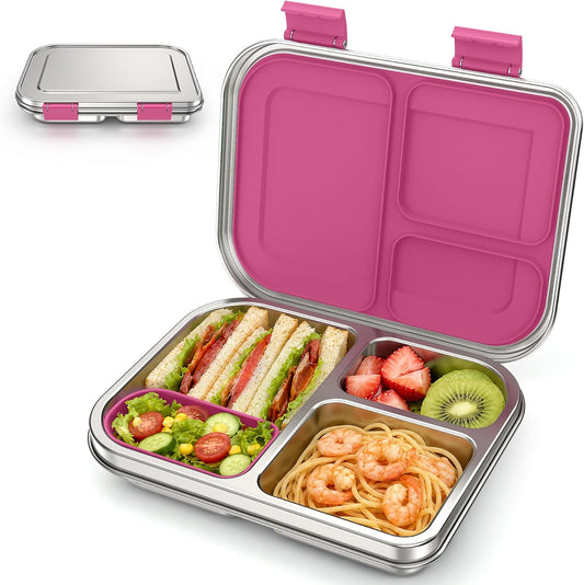 BABHAMNESS Stainless Steel Bento Box Kids, 3 Compartments Leak Proof Metal Bento Lunch Box, 304 Stainless Steel Bento Lunch Containers for School and Office,Dishwasher Safe, BPA-Free-Pink