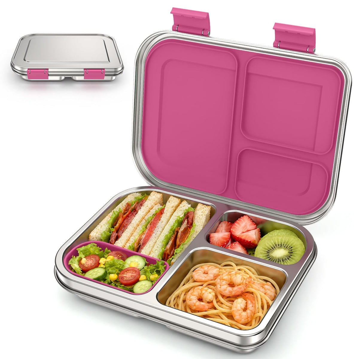 BABHAMNESS Stainless Steel Bento Box Kids, 3 Compartments Leak Proof Metal Bento Lunch Box, 304 Stainless Steel Bento Lunch Containers for School and Office,Dishwasher Safe, BPA-Free-Pink