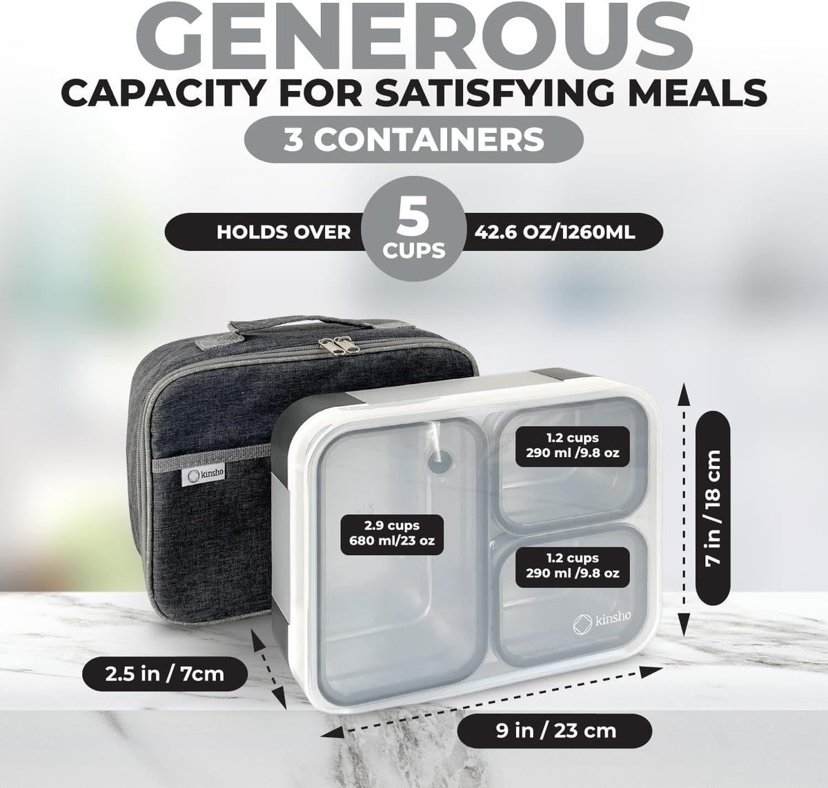 Stainless Steel Big Bento Lunch Box Set For Adults, Kids - Insulated Bag and Ice Pack - Large Leak-Proof Metal Compartment Meal Prep Food & Snack Containers for Work Travel School, 42 oz Grey Black