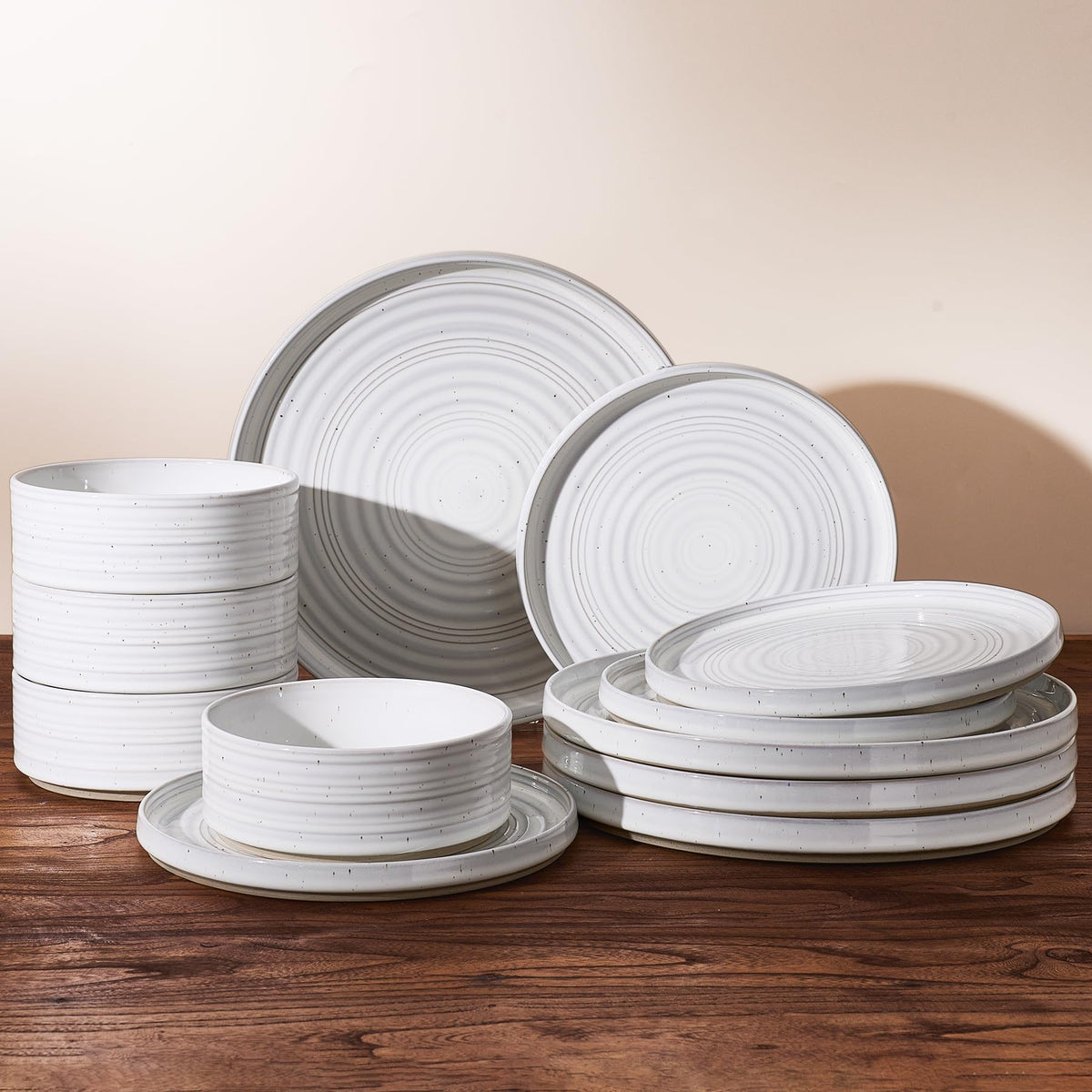 Stoneware Dinnerware Sets for 4, Reactive Glaze Plates & Bowls, Shell Beige