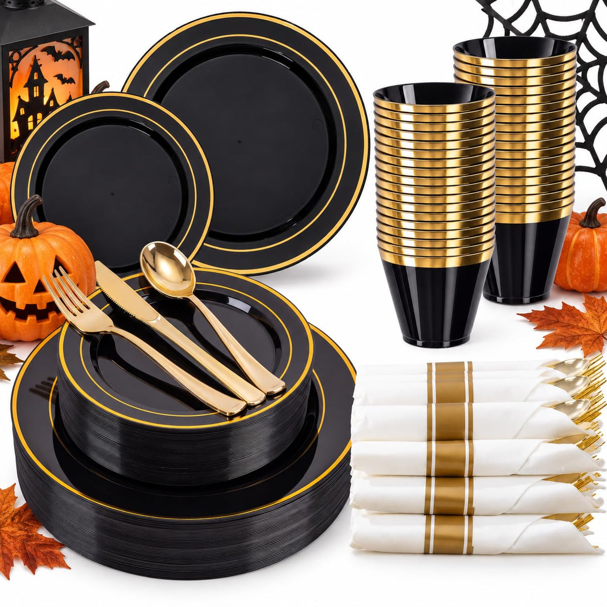 WELLIFE 50 Guests Dinnerware Sets, Gold Plastic Plates，Platos Para Fiestas Elegantes Desechables Include:50 Dinner Plates, 50 Dessert Plate, 150 Pcs Gold Plastic Silverware, 50 Cups for Party