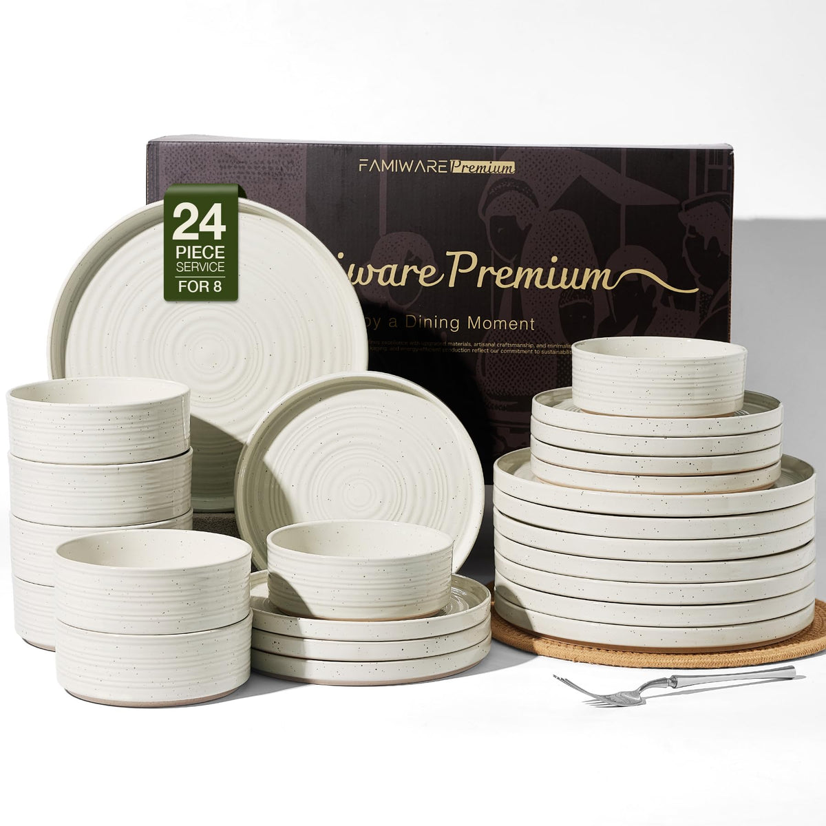 Stoneware Dinnerware Sets for 4, Reactive Glaze Plates & Bowls, Shell Beige