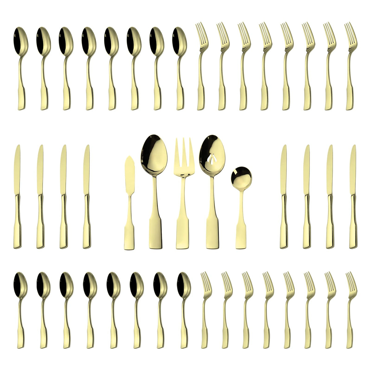 Alata Kate Champagne Gold Mirror 45-Piece Silverware With Utensil-Serving Set, Service for 8, Stainless Steel Flatware, Mirror Polished Cutlery, Dishwasher Safe