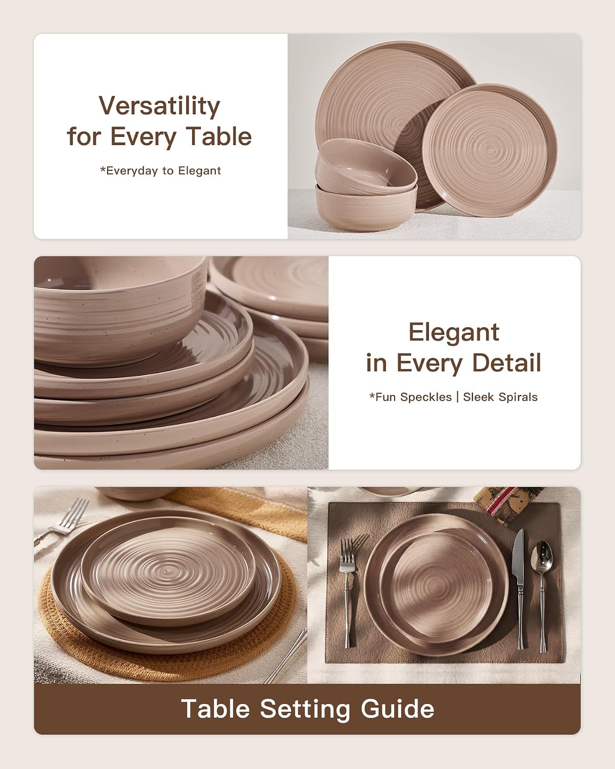 Stoneware Dinnerware Sets for 6, Plates and Bowls, Brown