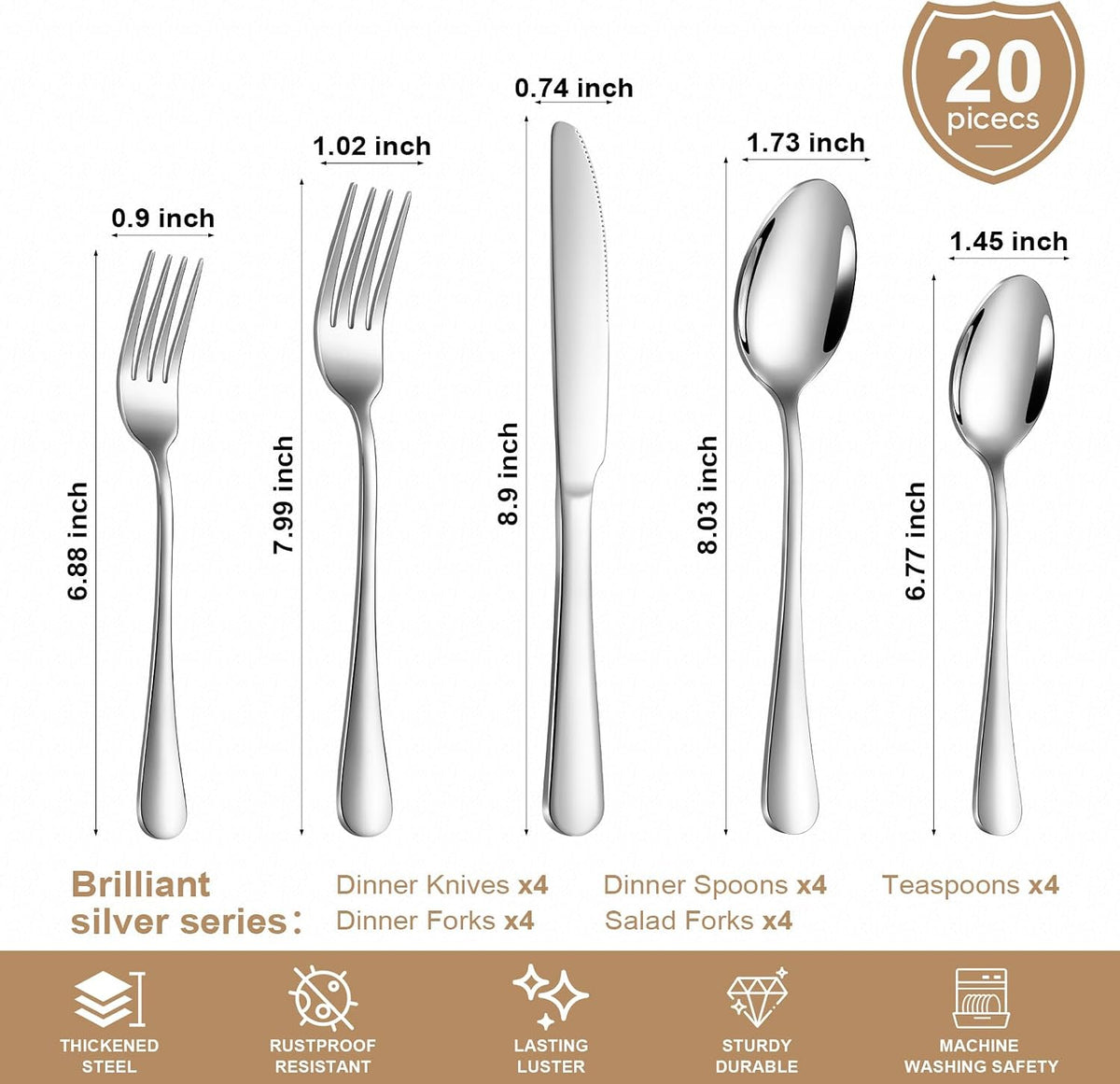 20-Piece Silverware Set for 4, Food Grade Stainless Steel Flatware Set, Mirror Polished Cutlery Utensil Set with Forks, Knives and Spoons, Dishwasher Safe for Home, Restaurant, Wedding and Party Use